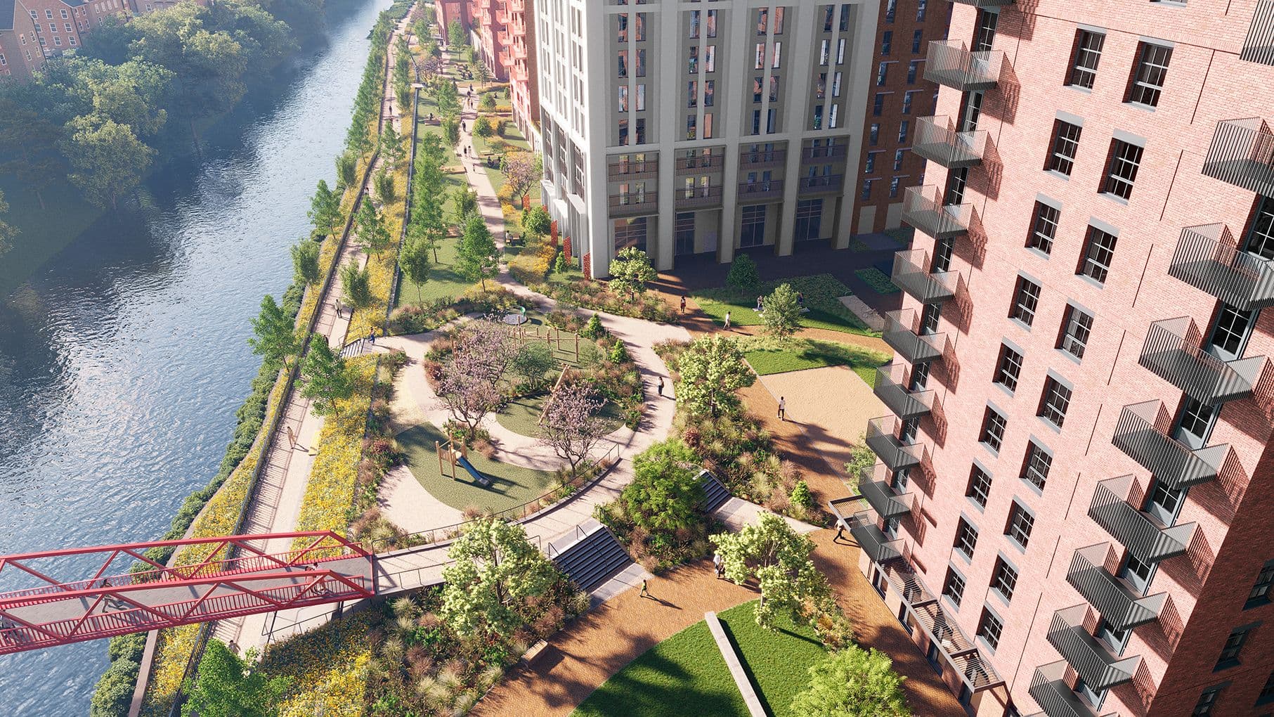 CGI image of the Dyecoats landscaping along the river.